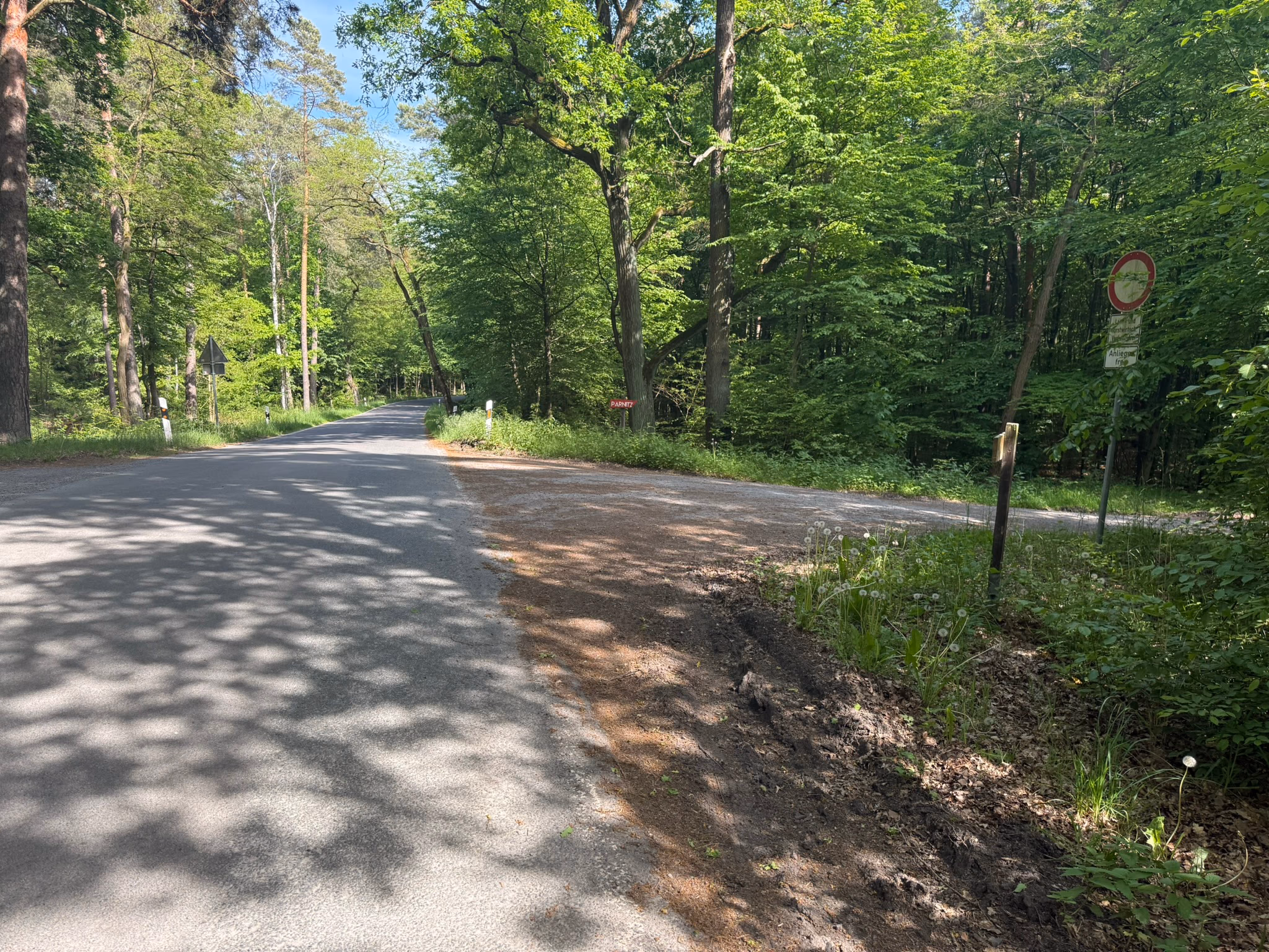 Kreuzung im Wald — rechts abbiegen Richtung Parnitz